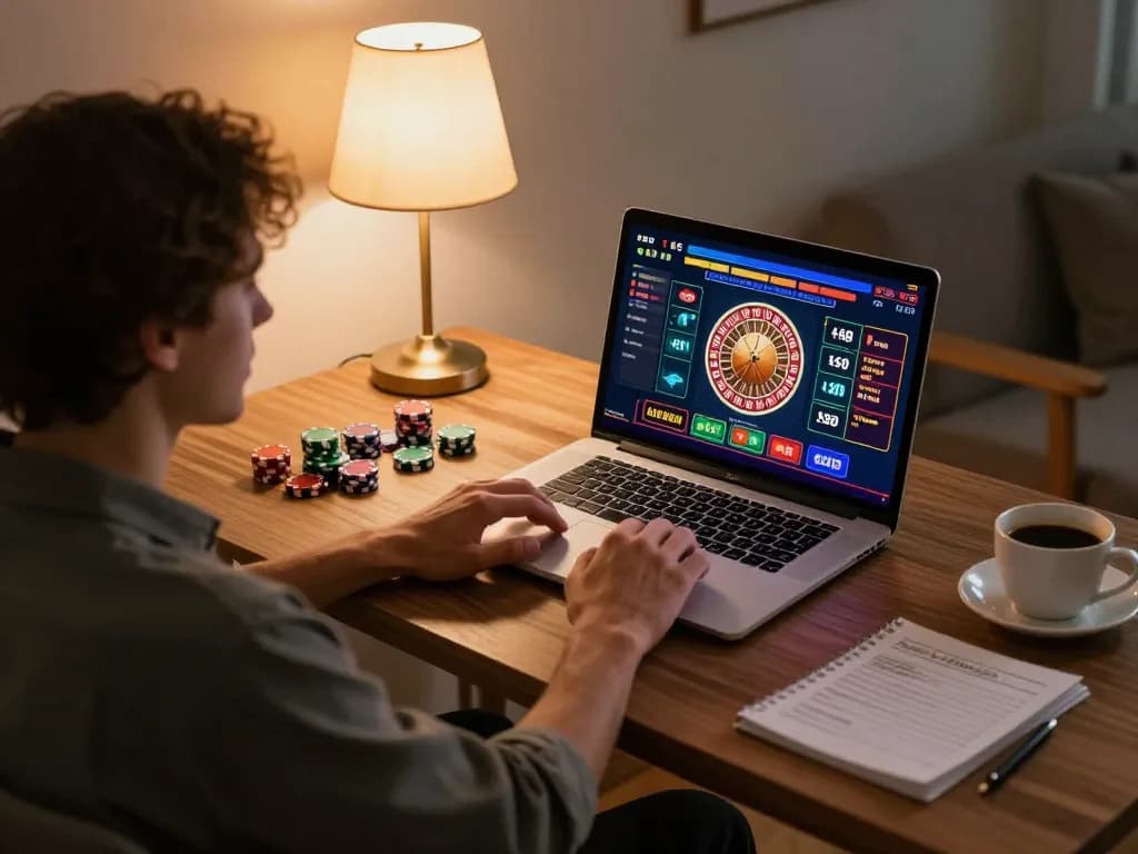 Engaging in online roulette at KP88, showcasing a player focused on the game interface while maintaining a cozy atmosphere.