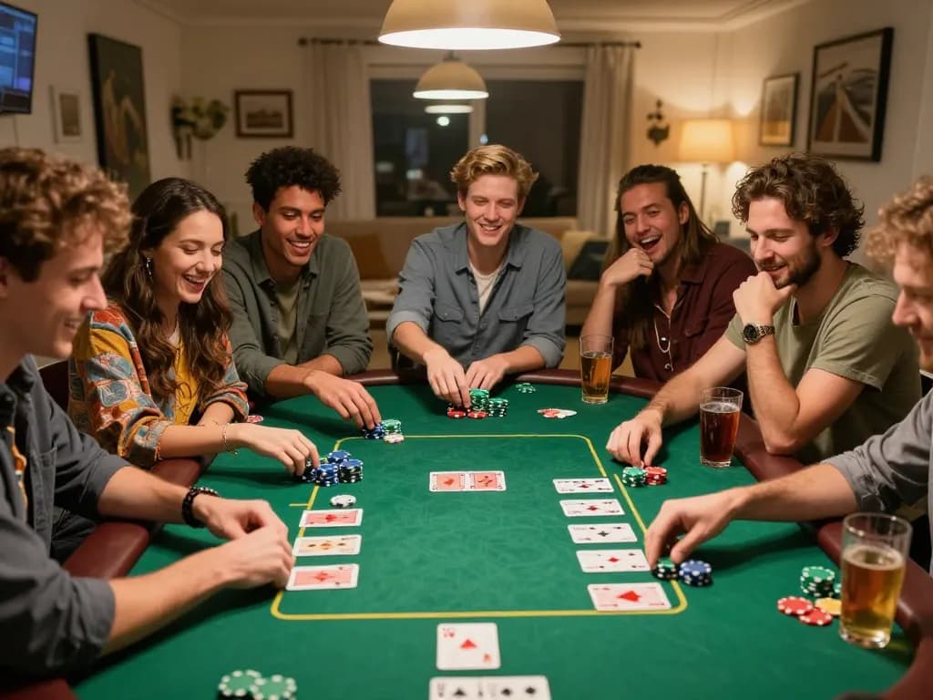 Players enjoy strategic poker gameplay in a home setting, capturing the essence of makemyhairgrowfast gaming.