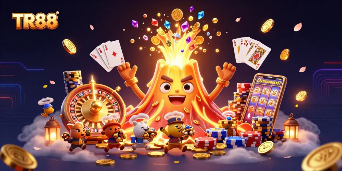 Engage with TR88's vibrant casino experience featuring a volcanic treasure eruption and dynamic game elements.