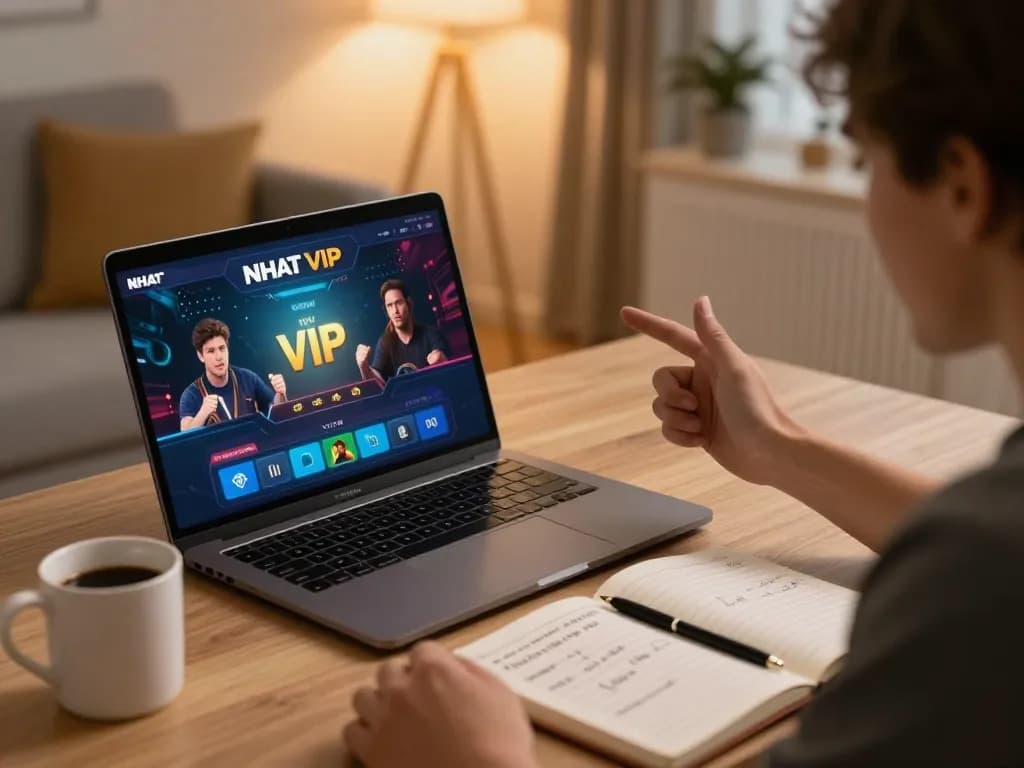 Player using NHAT VIP app on laptop to strategize and engage in online gaming at home