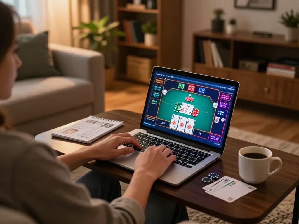Player engaging in online poker on their laptop, playing mb66 for better odds and strategic gameplay.