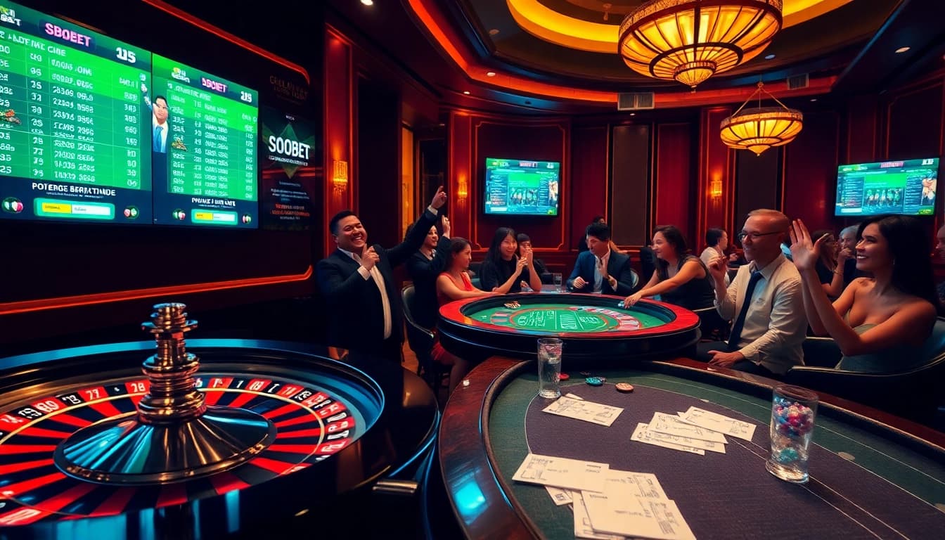 Exciting sbobet link alternatif display with vibrant casino elements including poker tables and betting slips.