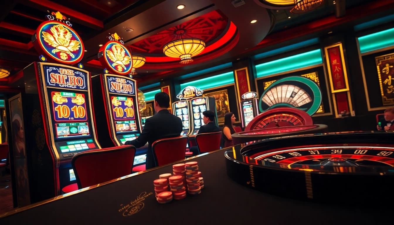 Win big with nổ hũ xn88 in a luxurious casino environment showcasing vibrant slot machines.