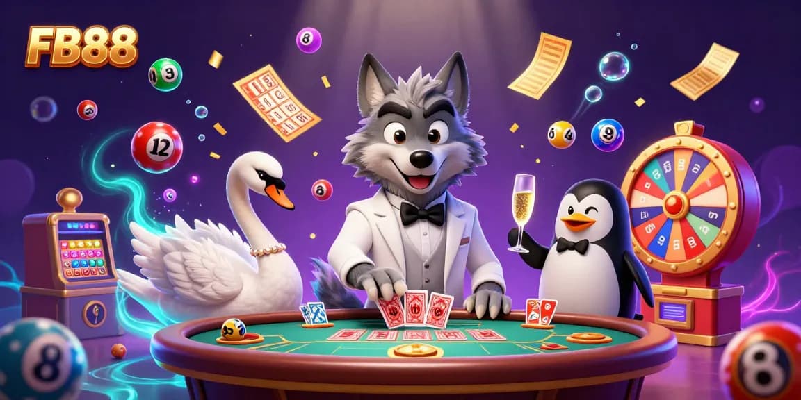 Experience the excitement of FB88's baccarat with a 3D wolf, swan, and penguin amidst dynamic casino elements.