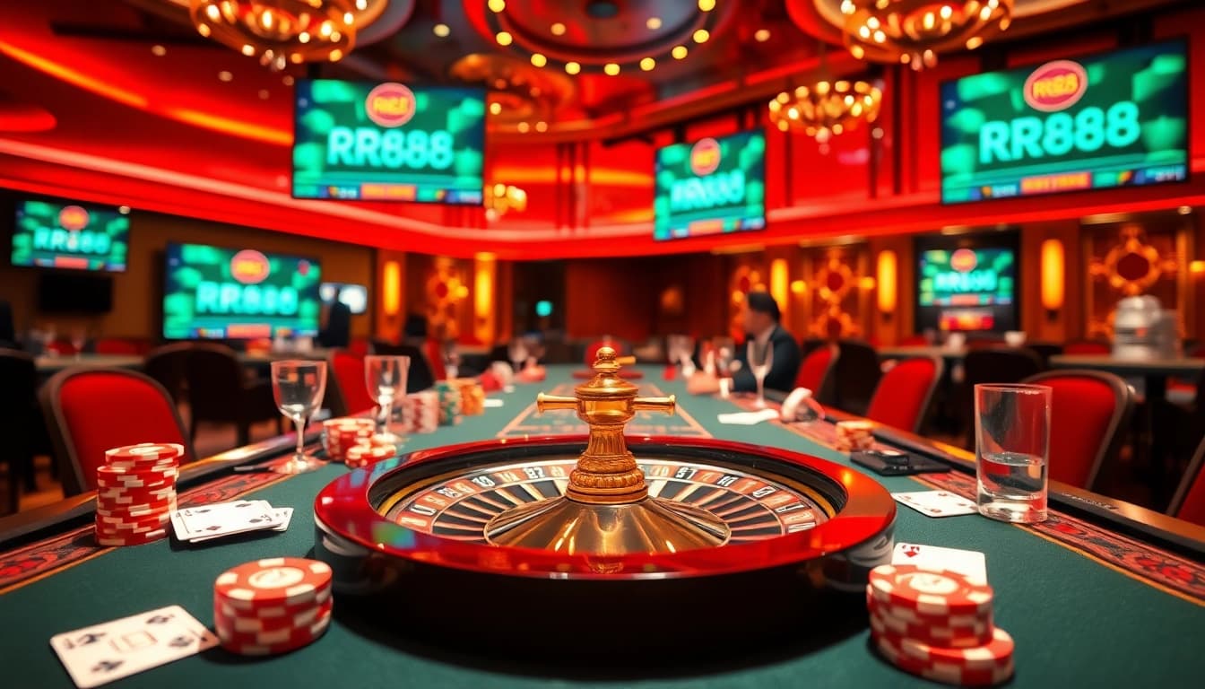 Experience thrilling gameplay at RR88 with poker chips and cards on a luxurious casino table.