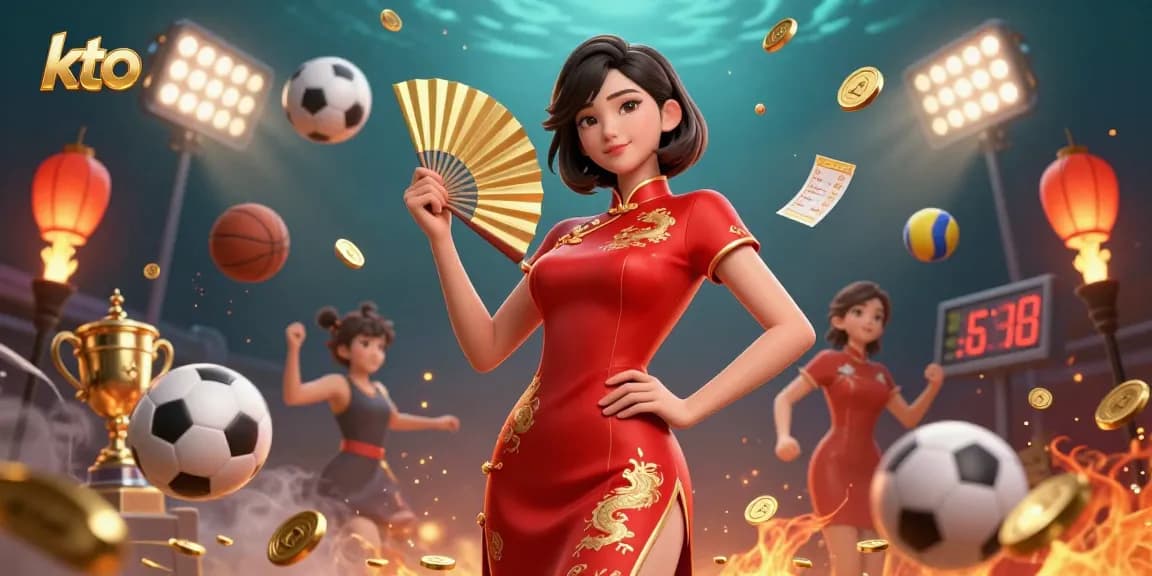 The kto platform showcases a captivating 3D illustration of a confident Asian woman amidst dynamic sports elements and dazzling coins.