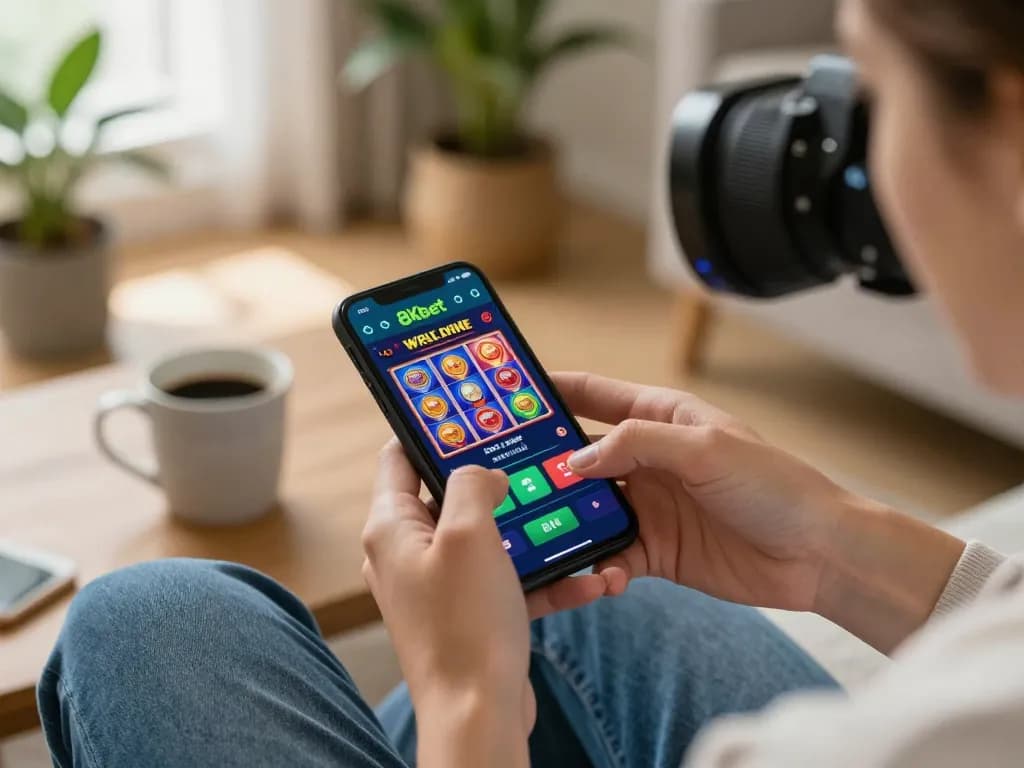 Player enjoying thrilling gameplay on 8xbet mobile app while sipping coffee in a cozy home