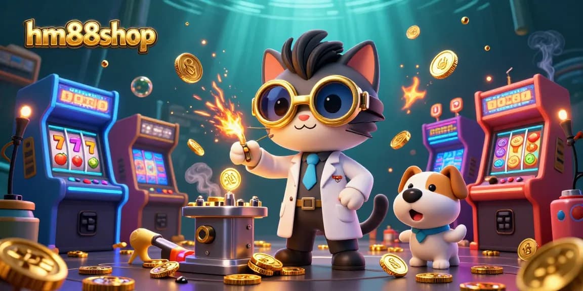 hm88shop showcases vibrant casino elements with a mad scientist cat as the focal point.