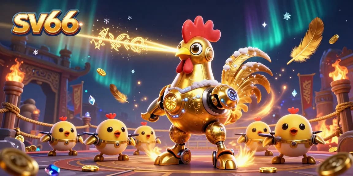Engage with sv66's vibrant gaming experience: The golden rooster robot and chick drones in a lively casino scene.