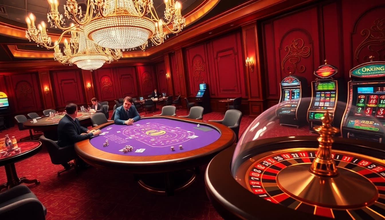 Players engage in a thrilling round of poker at the Okking casino, surrounded by luxury and excitement.