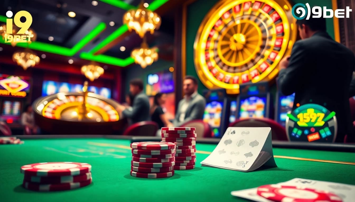 Experience the thrill of i9bet at a luxurious casino, with poker chips and cards in action.