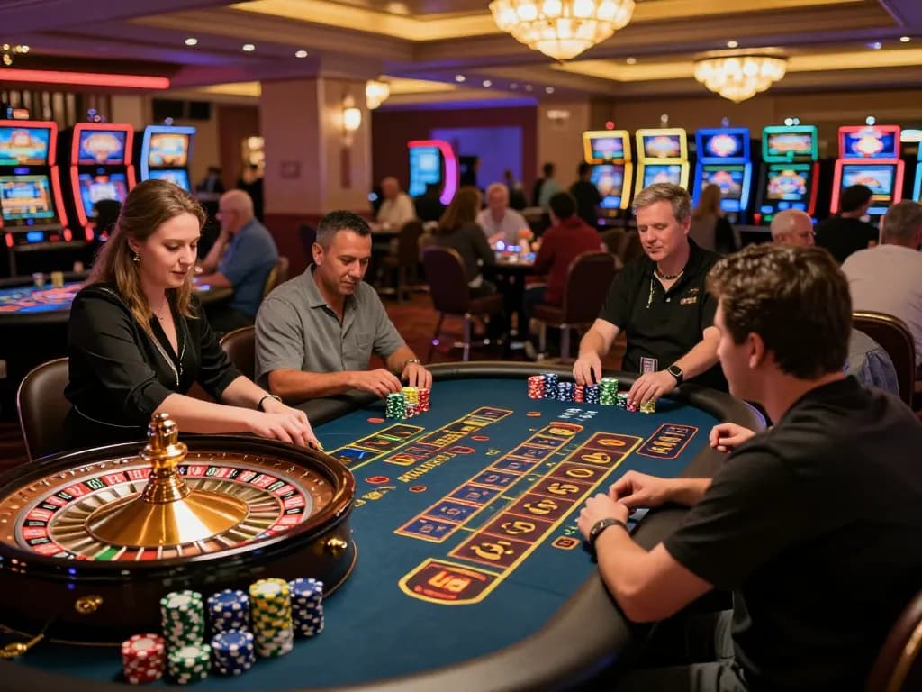 Engaged players at taixiusunwin.art roulette table, showcasing excitement and lively casino atmosphere.
