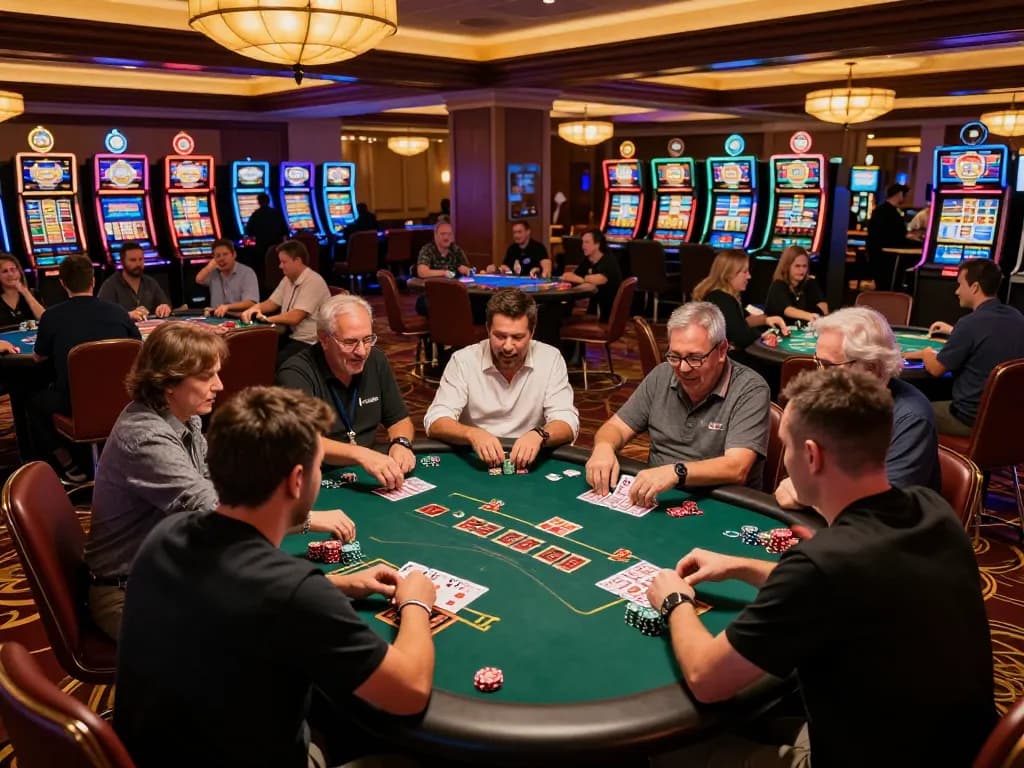 Engaged players at a hit club in a lively casino, focused on winning at blackjack tables surrounded by vibrant ambiance.