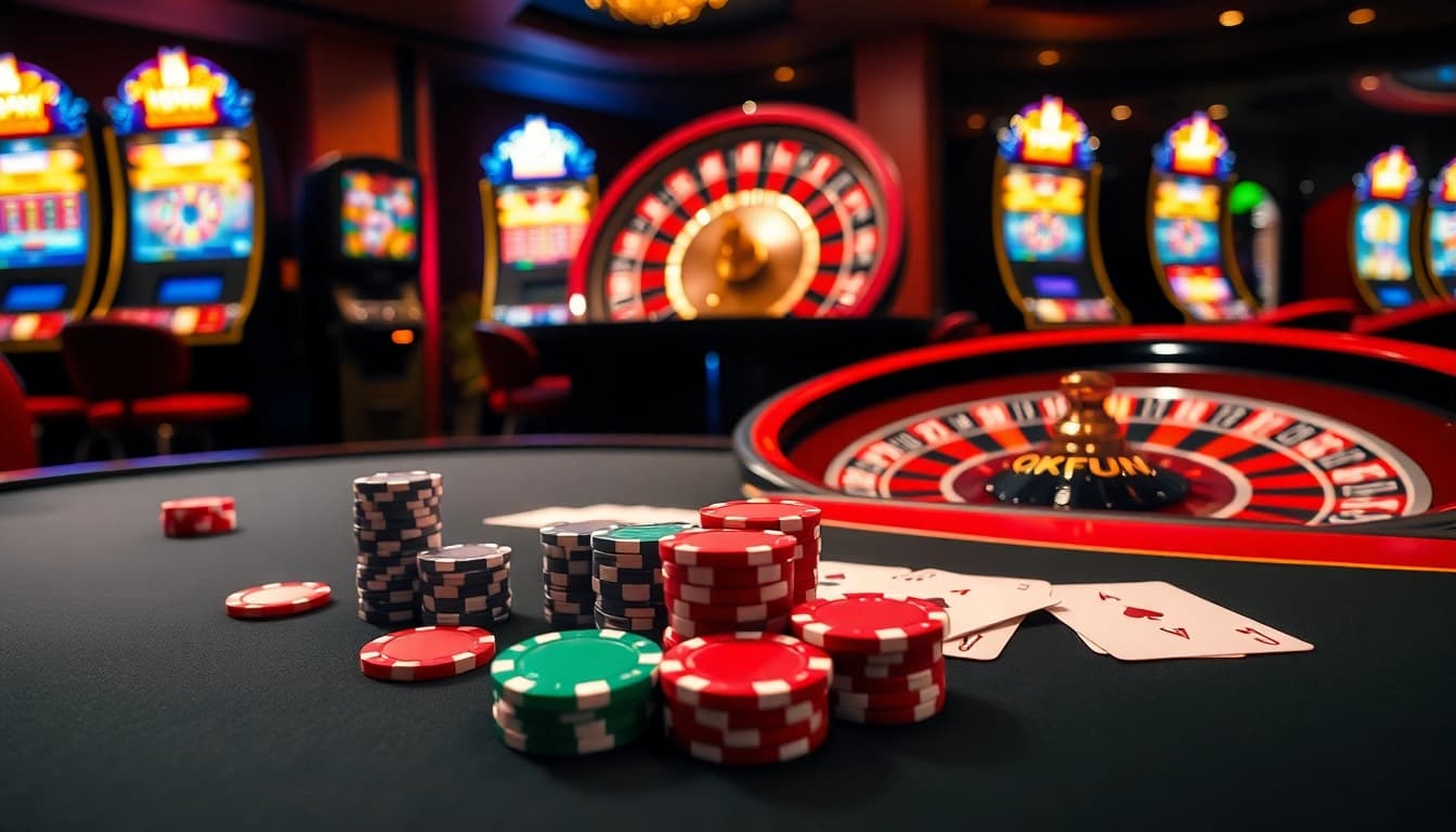 Players enjoying online games at OKFUN casino with vibrant colors and luxurious atmosphere.