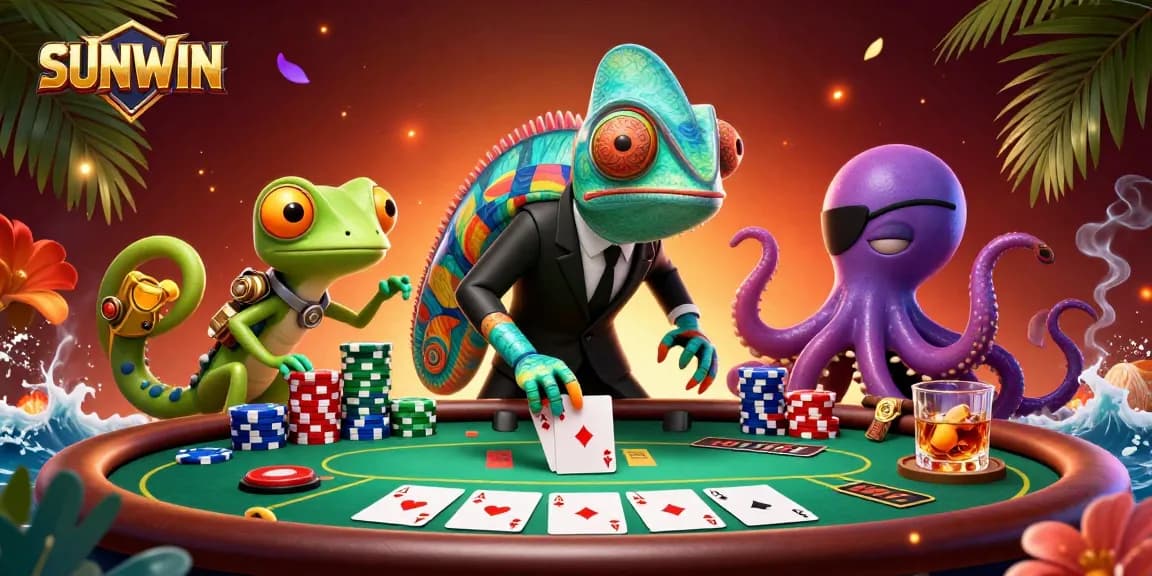 SUNWIN showcases a lively poker showdown with colorful chips and expert characters in a vibrant scene.