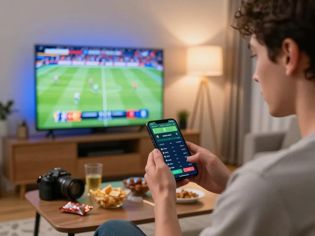 Person using F168 smartphone for live sports betting with excitement during a game