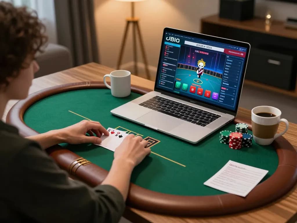 KP88 online poker player analyzing strategies on modern laptop in cozy home environment.