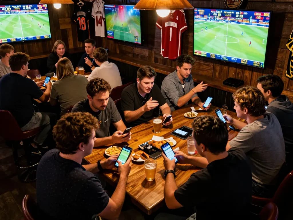 Engaging moment of patrons using man88a sports betting app during live game at a vibrant sports bar