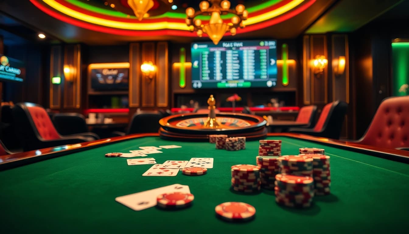 Participants strategizing over kèo nhà cái at a luxurious casino poker table with vibrant chips.