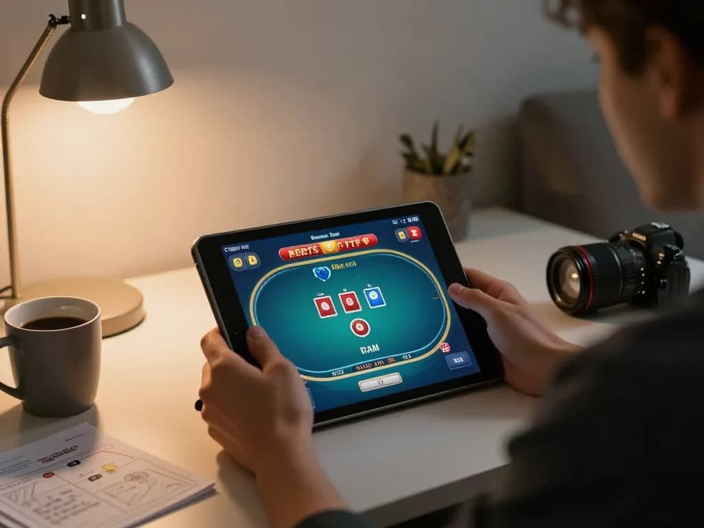 Engaged user playing uu88 casino games on a tablet, showcasing real-time poker strategy.