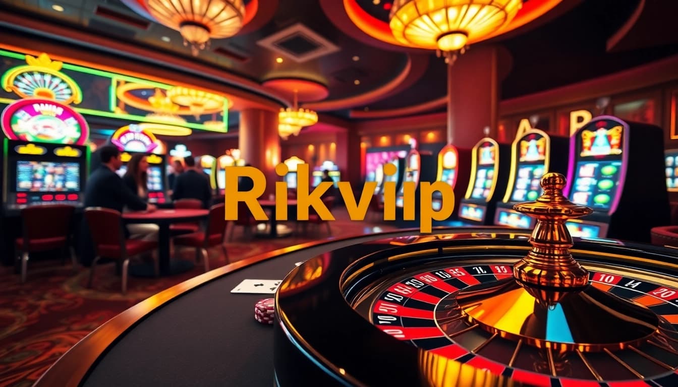 Rikvip players enjoying a dynamic casino atmosphere with high-quality tables and vibrant slot machines.