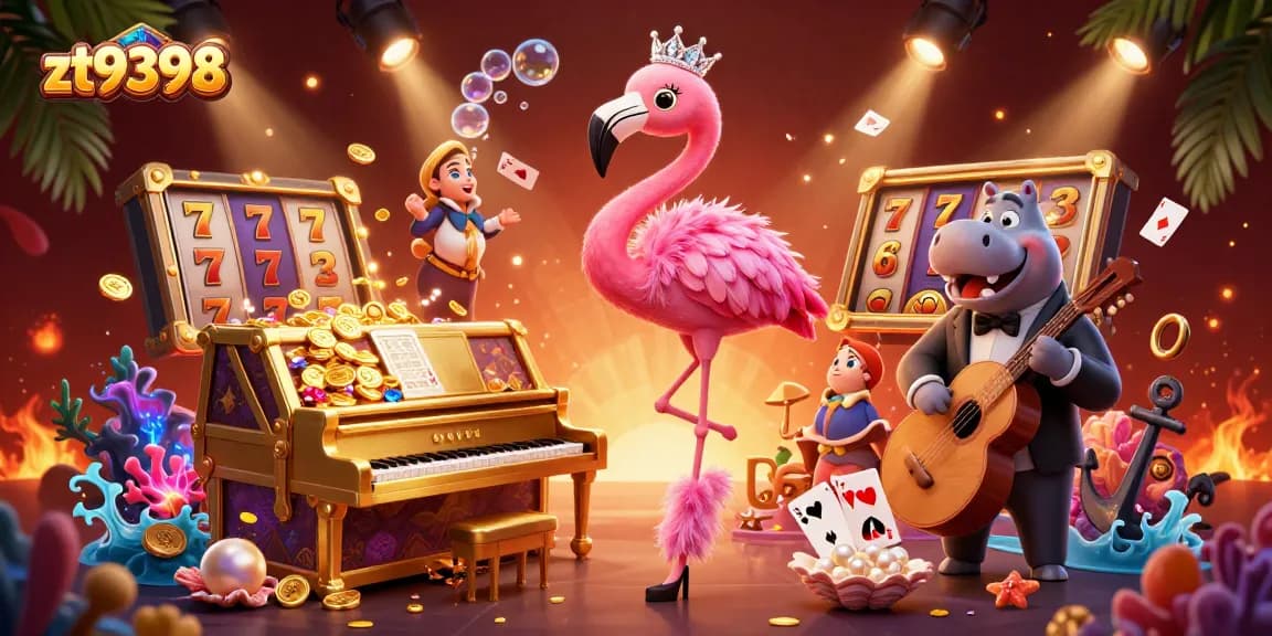Experience the vibrant zt9398 casino scene featuring a flamingo singer and jackpot elements, capturing the thrill of gambling.