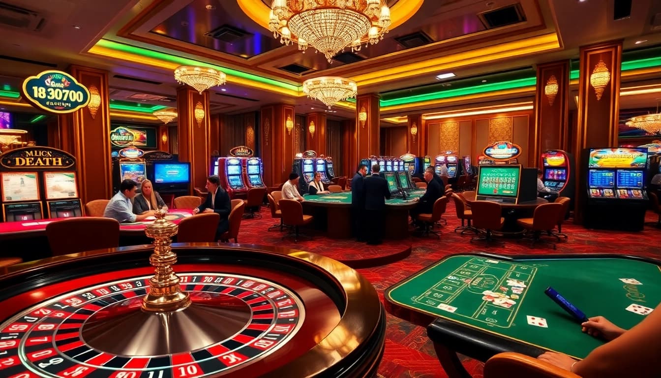 Experience excitement at https://nk88vip.it.com/ with players celebrating at a luxurious casino scene featuring vibrant gaming tables and slot machines.