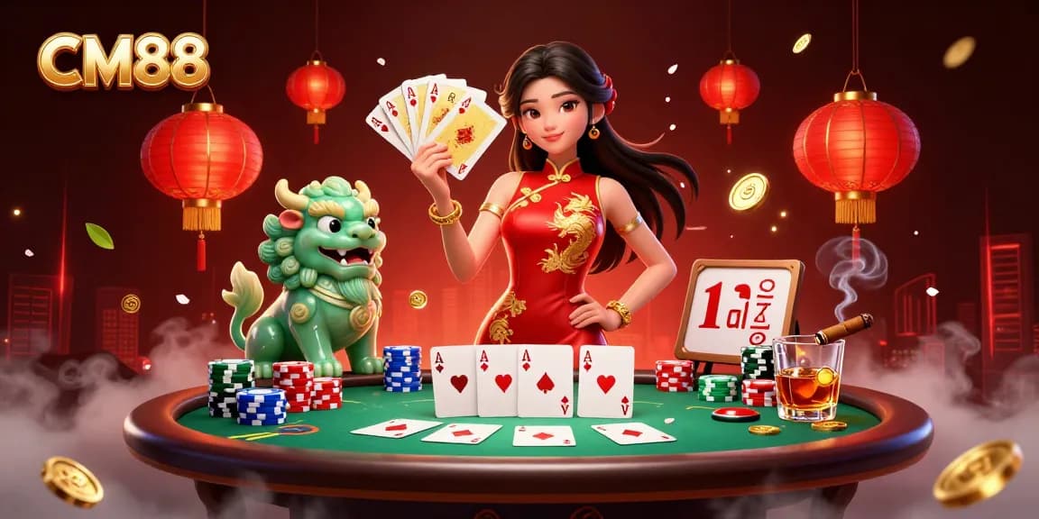 Experience the thrill of CM88 as an elegant woman plays cards amidst an exciting casino atmosphere.