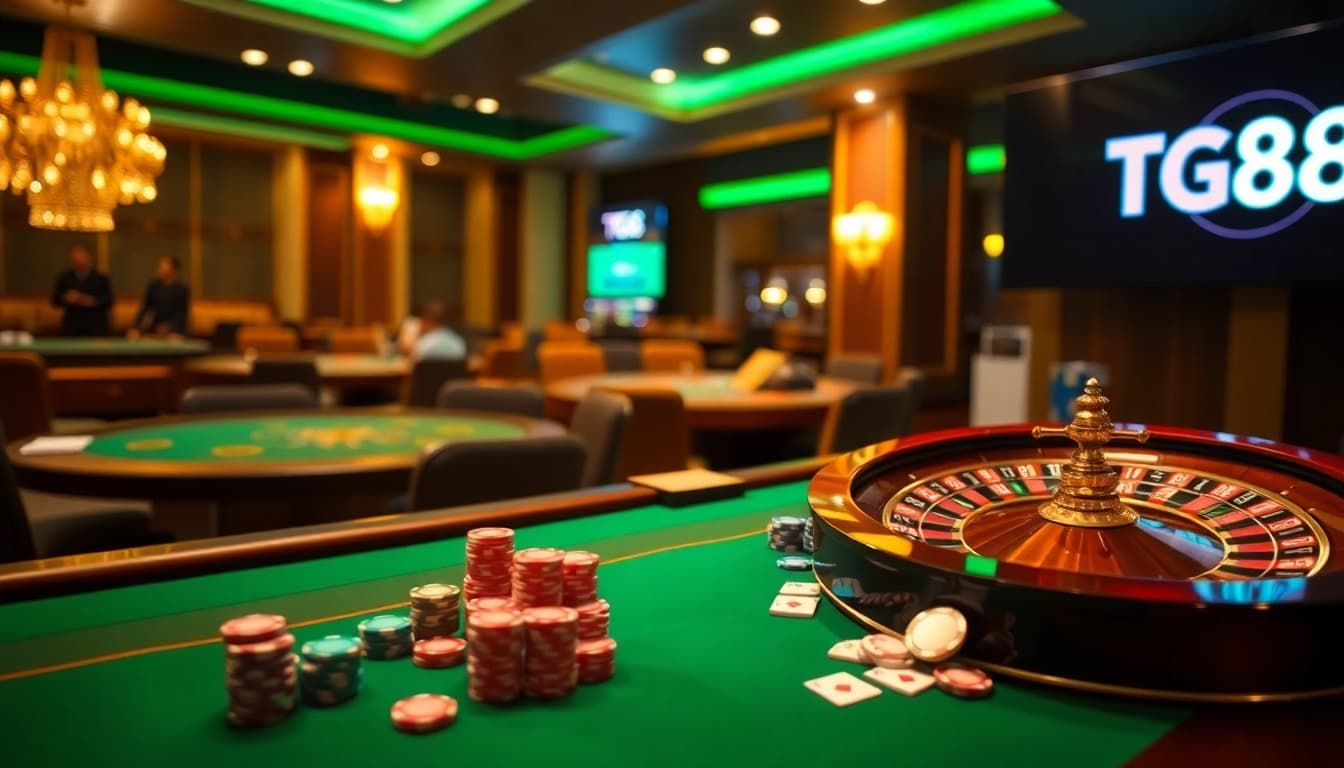 Experience the excitement of TG88 casino games at a luxurious poker table with vibrant chips and cards.