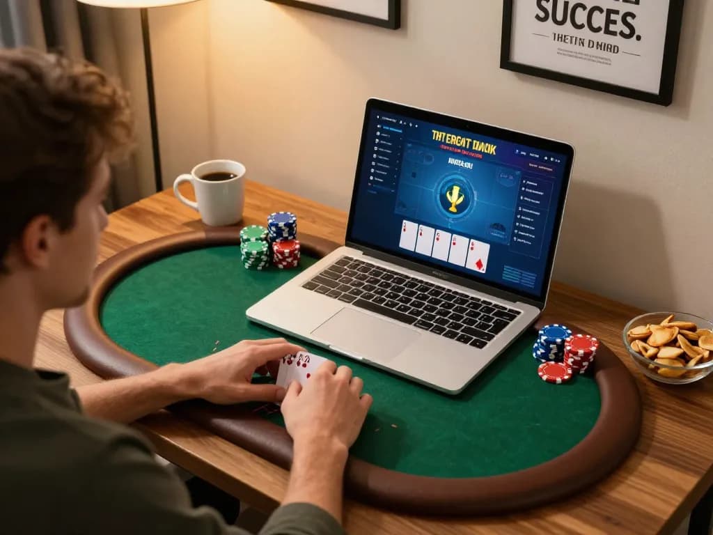 GG88 players strategizing and enjoying online poker gameplay in a cozy home setting.