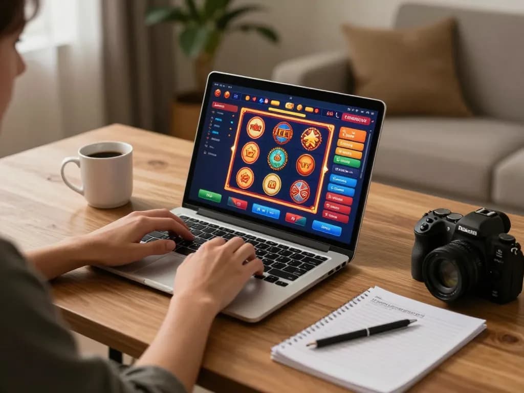 Pemain menikmati slot 66menang di laptop dengan catatan strategi di dekatnya dalam suasana yang nyaman