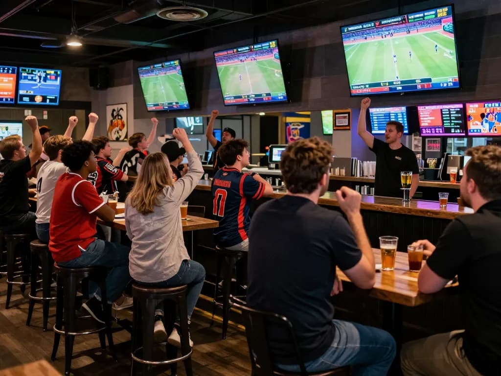 Tỷ lệ kèo nhà cái 5 highlighted as enthusiastic bettors engage in sports betting at a lively sports bar.