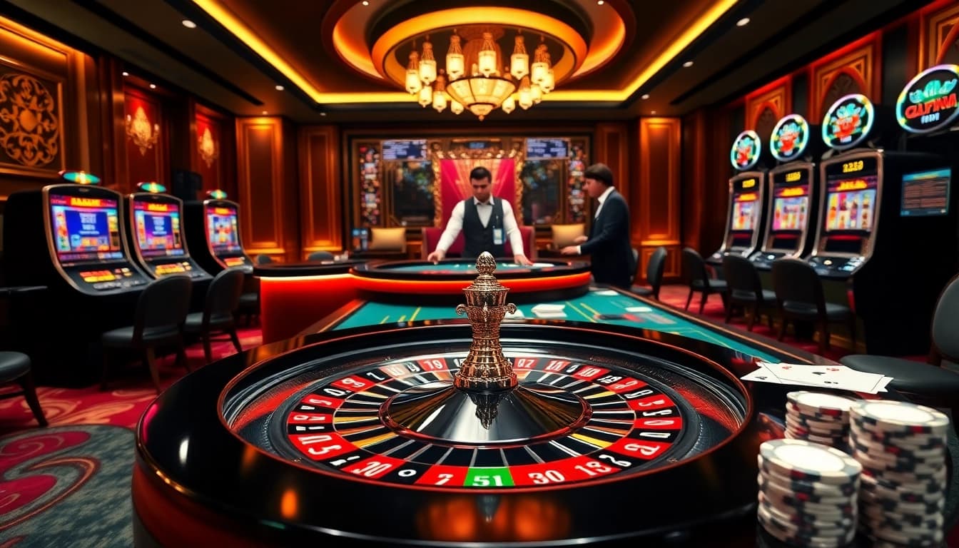 Engage with the vibrant gambling atmosphere of Trang chủ king88 showcasing poker chips, a roulette wheel, and casino tables filled with excitement.