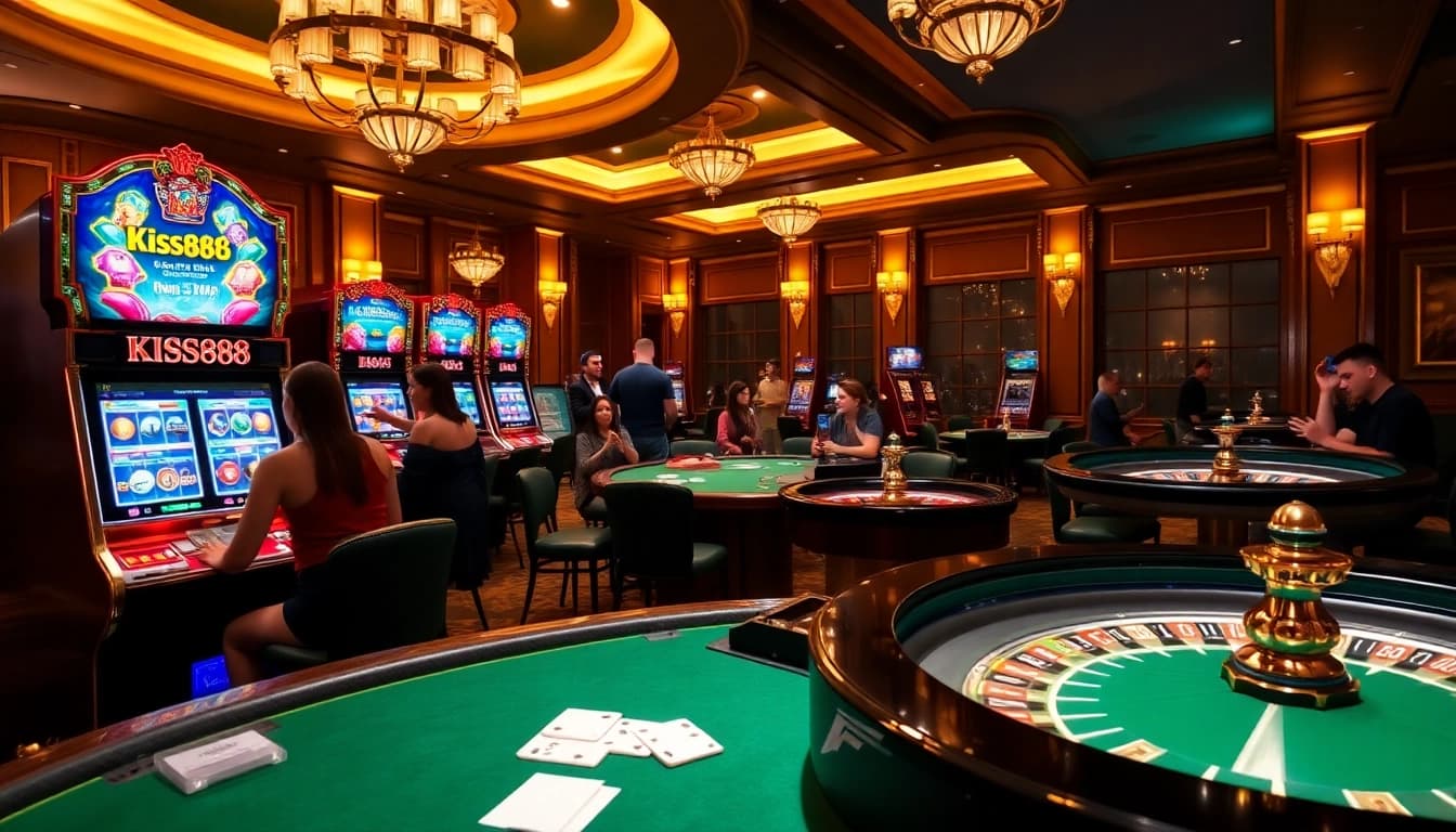 Experience thrilling gaming at kiss888 with exciting slot machines and poker tables in a stunning casino.