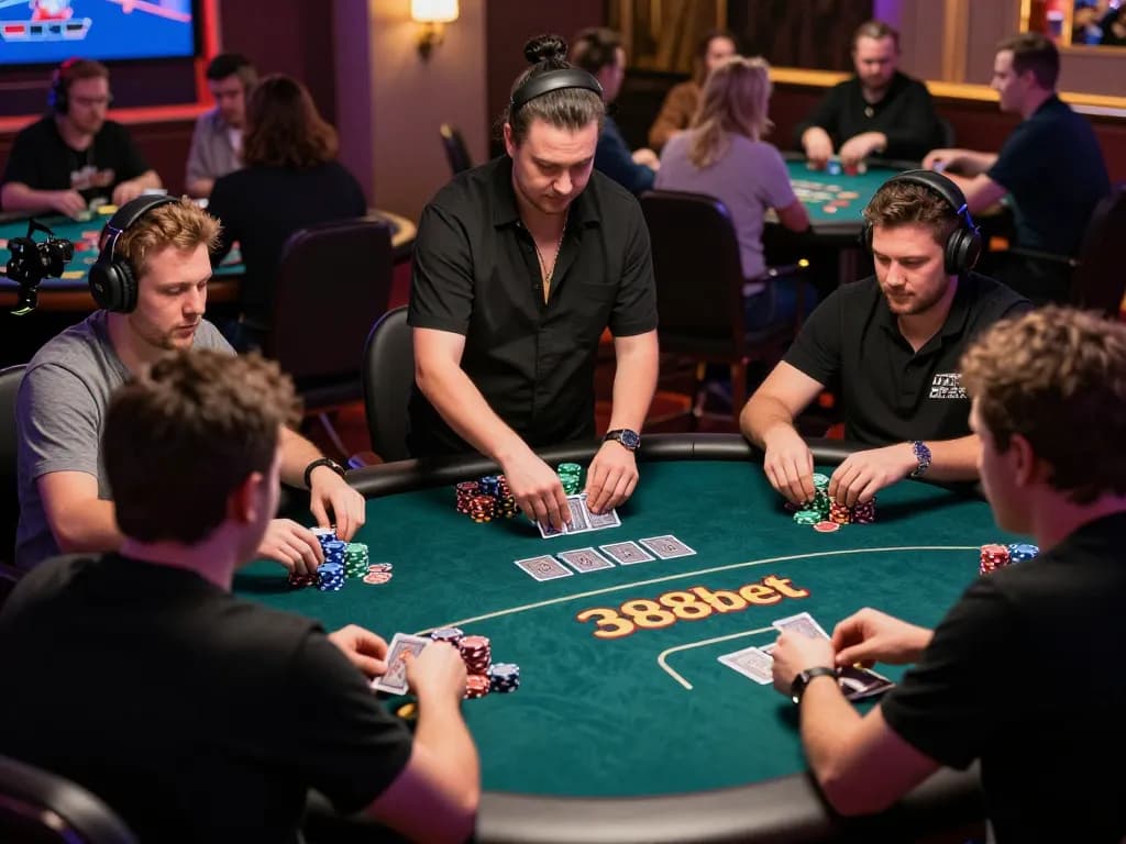 Experience dynamic live-dealer poker action at 388bet with players engaged and chips stacked