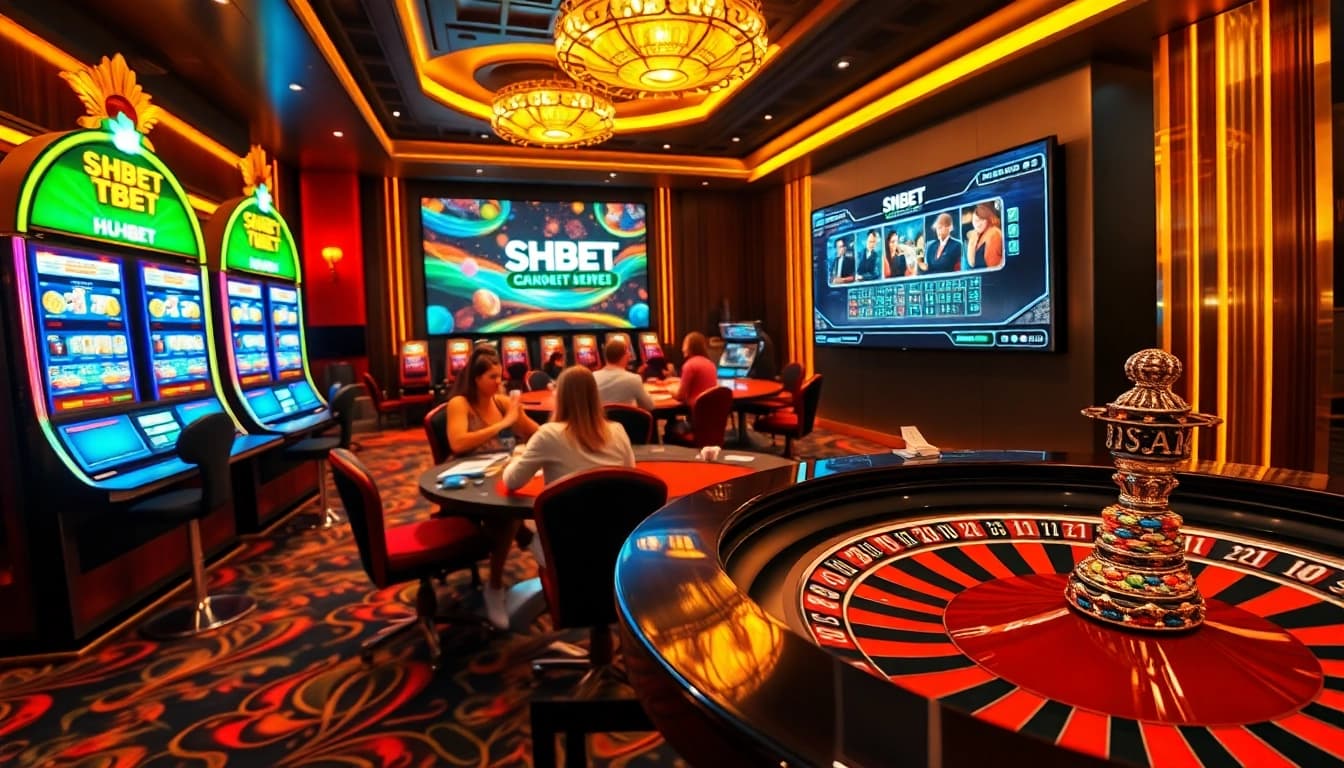 Experience the thrill of SHBET with a vibrant casino scene featuring slot machines and poker tables.
