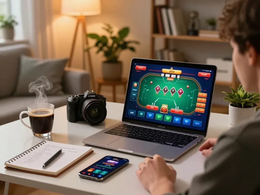 Player engaging in online casino gaming with bem88 displayed on laptop screen, showcasing strategies and comfortable home scene.