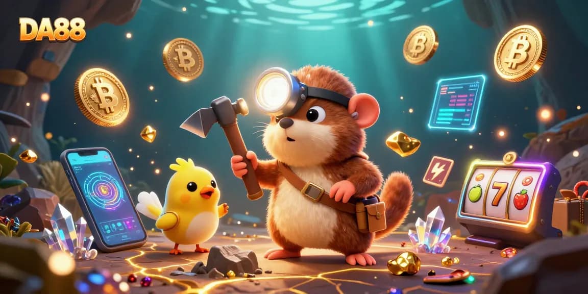 Immerse yourself in DA88's magical casino world with a treasure hunter mole and canary.