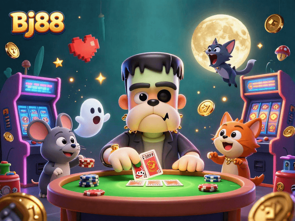 Bj88 monster dealer at a spooky casino table, cards in hand with arcade elements flying around