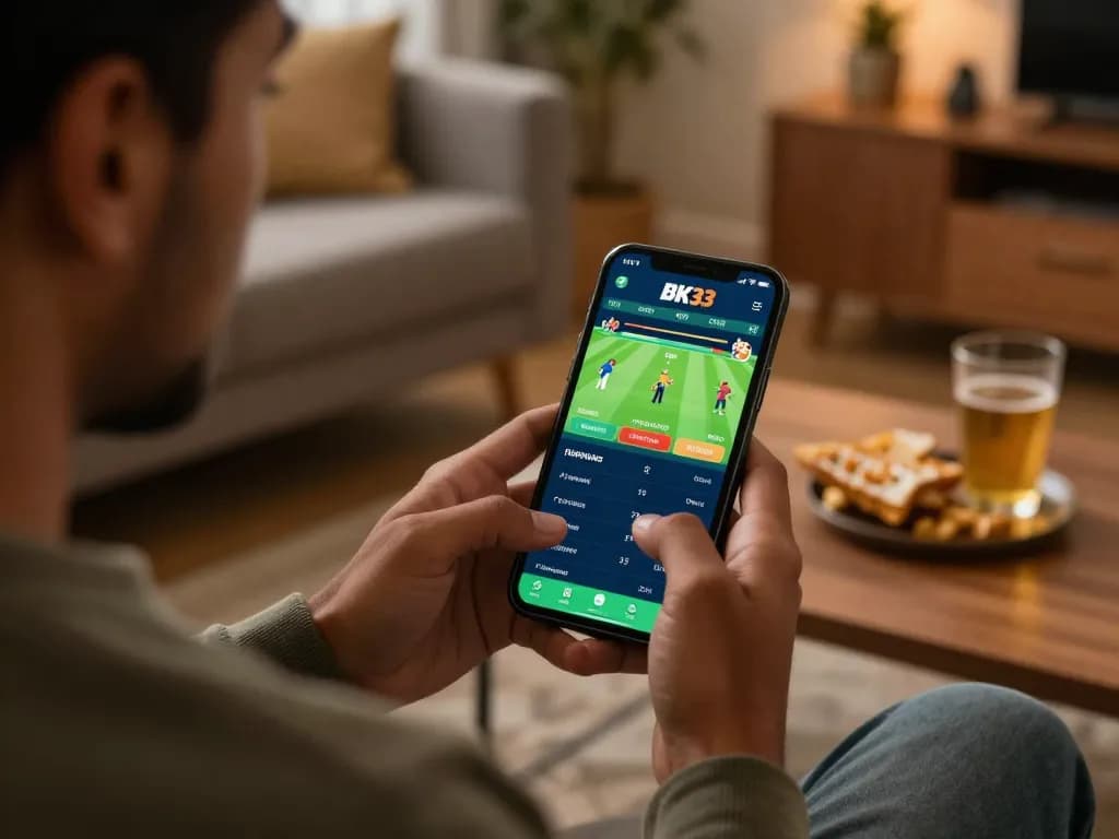 Live cricket betting on BK33 app showcasing user engagement and exciting gameplay.