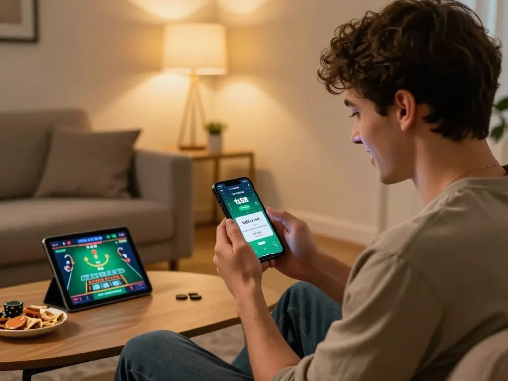 Engaging with the tt88 link app for live dealer blackjack in a cozy home setting.