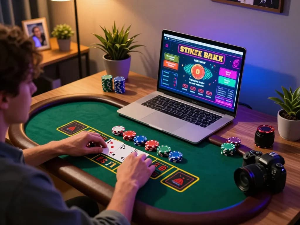 Engaged player enjoying OKFUN blackjack game online from home with vibrant laptop interface.