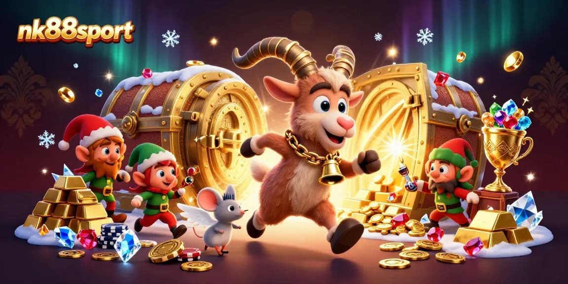 Experience exciting gaming winnings at nk88sport with a thrilling casino scene featuring festive characters.