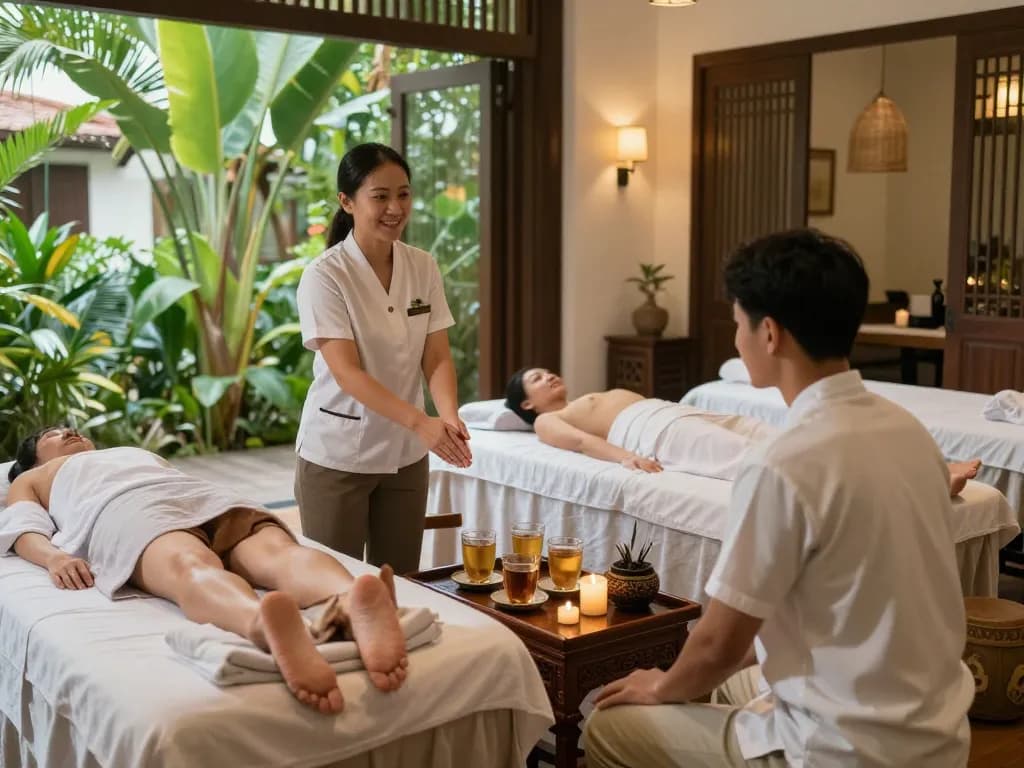 ダナン不健全マッサージ推薦のシーン、温かみのあるマッサージセラピストと人気サロンのリラックスした雰囲気。