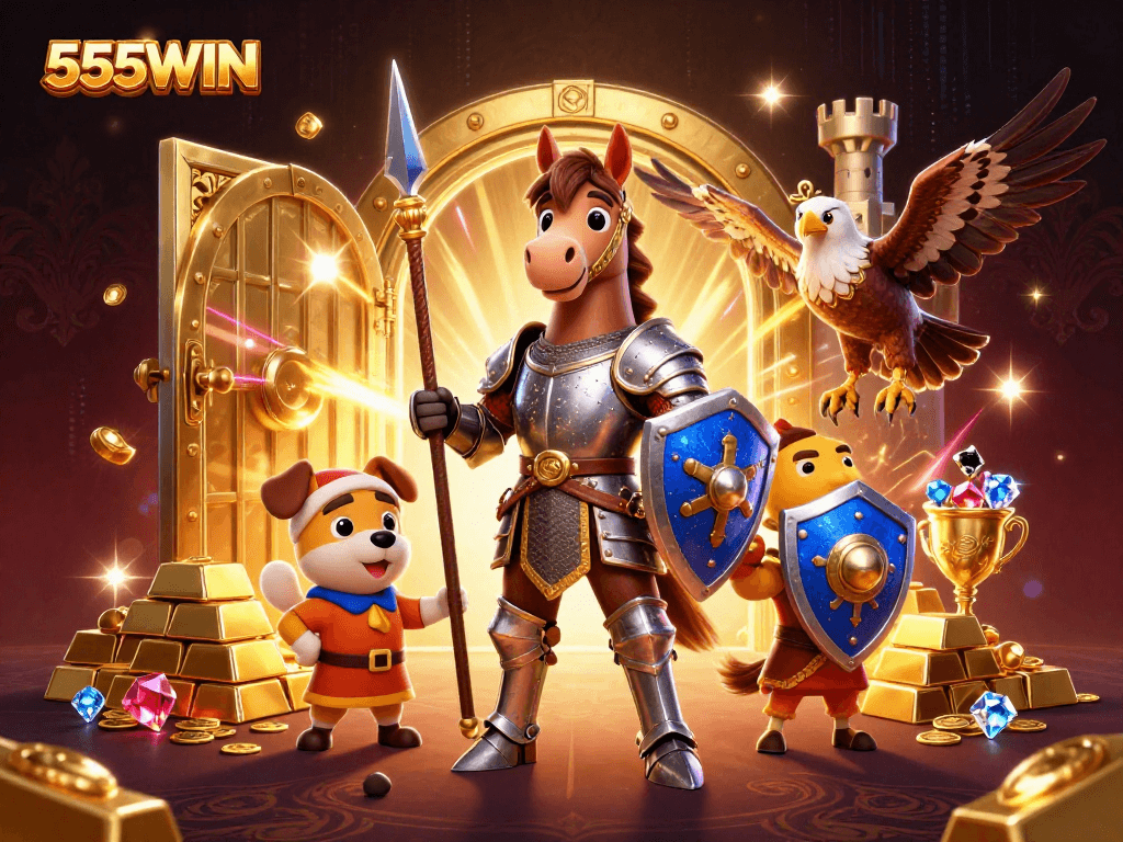 Engage in the excitement of 555WIN with a knight, squire, and falcon amidst treasures and animated casino elements.