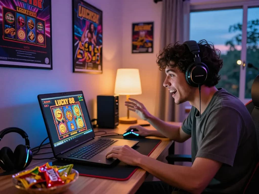 Gamer enjoying the Lucky 88 slot game on a sleek laptop with vibrant snacks and LED lights creating an engaging atmosphere.