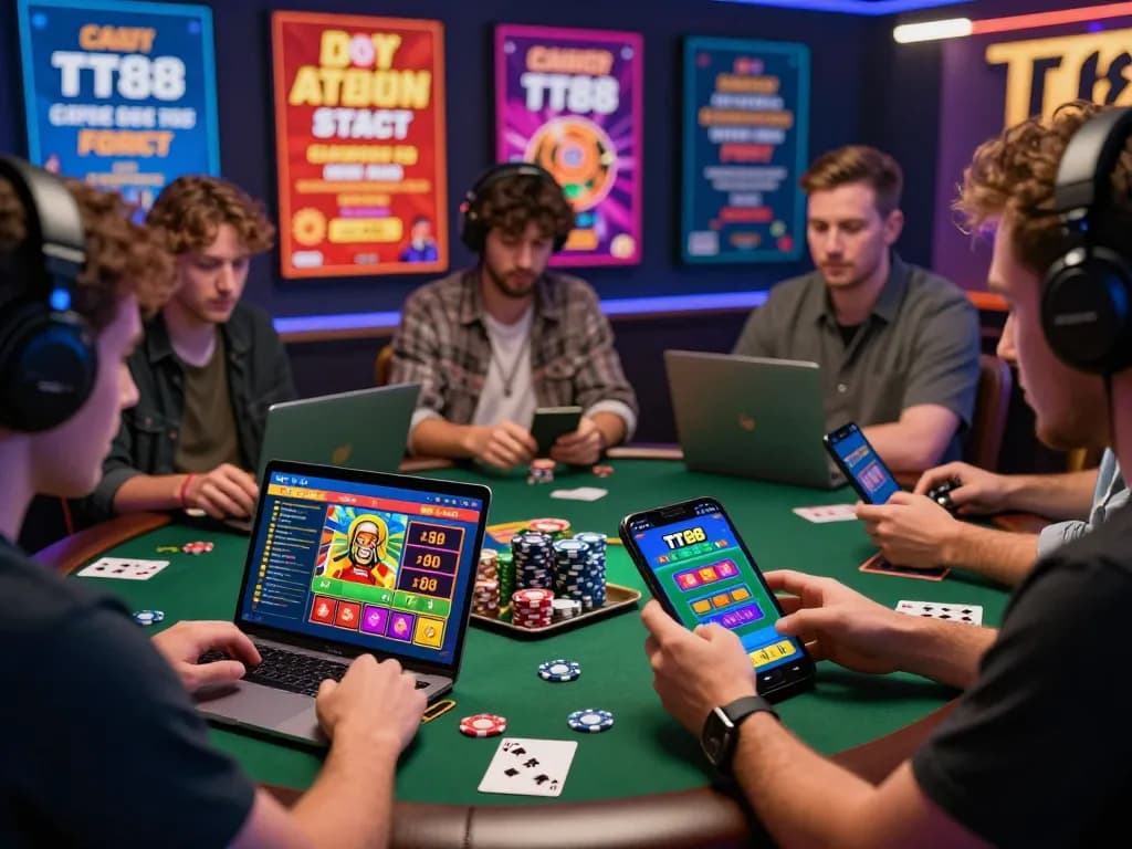 Diverse players enjoying TT88 online gambling experience with engaging graphics and mobile app interface.