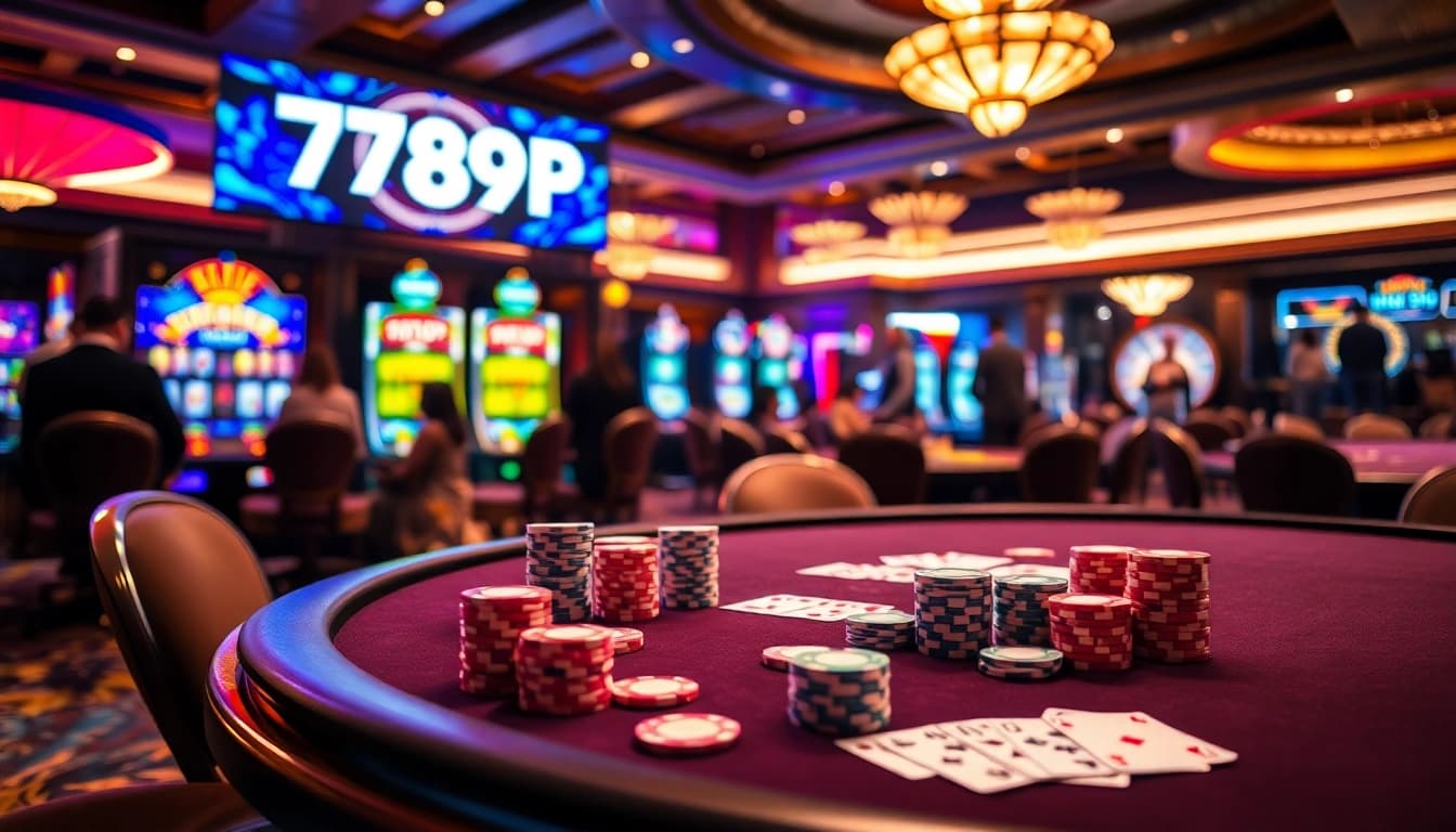 Engaging players at a vibrant casino table in 789P, showcasing poker chips and excitement.