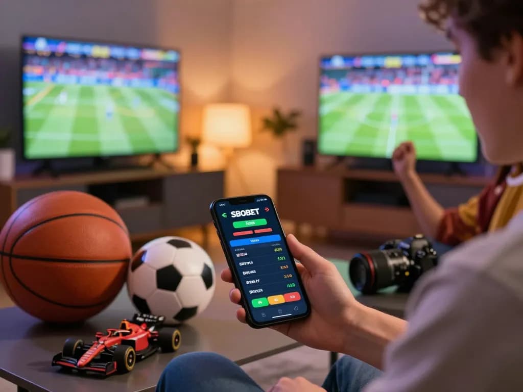 Person betting on SBOBET from home, surrounded by sports items, creating an exciting online betting atmosphere.