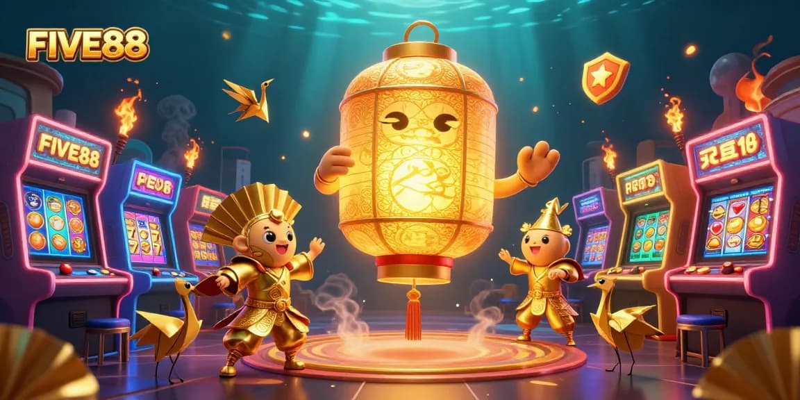 Engage with FIVE88 on a vibrant night market themed casino scene showcasing thrilling slot game elements.